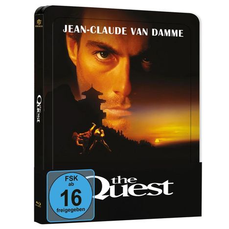 Text: "JEAN-CLAUDE VAN DAMME", "FSK ab 16 freigegeben", "the Quest". Nahaufnahme eines entschlossenen Gesichts.