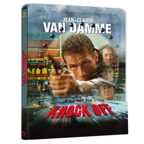 "JEAN-CLAUDE VAN DAMME" in großen Buchstaben, darunter "KNOCK OFF" in rot. Ein Mann zielt mit einer Pistole.