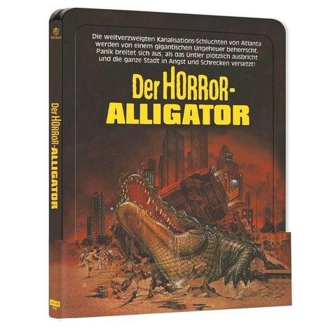 "Der Horror-Alligator" in gelber Schrift vor einer Stadt, ein riesiger Alligator bricht aus dem Boden.