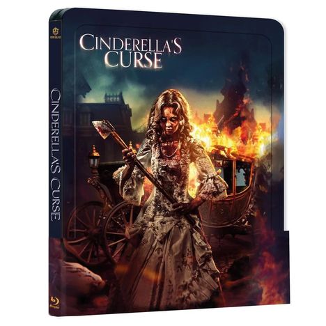 "Cinderella's Curse" steht oben. Darunter eine Frau in einem zerstörten Kleid, umgeben von Flammen und einem brennenden Wagen.
