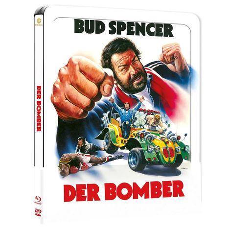 "Bud Spencer" und "Der Bomber" in großen Buchstaben. Ein Mann mit Bart schlägt zu, vor einem bunten Auto.