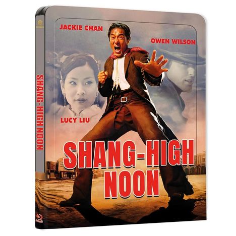 "SHANG-HIGH NOON" in großen roten Buchstaben. Gesichter von drei Personen, zentrale Figur in Kampfpose.