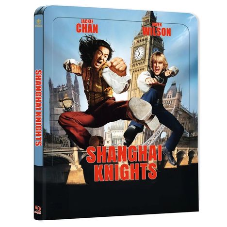 "Shanghai Knights" in roter Schrift. Zwei Männer springen dynamisch vor dem Big Ben. Actionreiche Filmillustration.