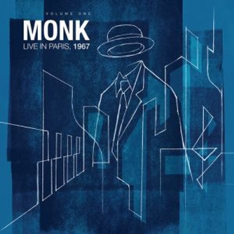 Texte: "VOLUME ONE", "MONK", "LIVE IN PARIS, 1967". Illustration eines stilisierten Mannes mit Hut auf blauem Hintergrund.