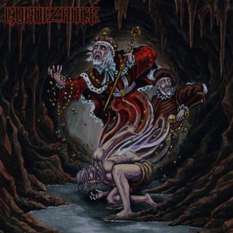 Oben der Text "COGNIZANCE". Illustration: Ein König und ein Mönch in einer Höhle, ein gebeugter Mann trägt sie.