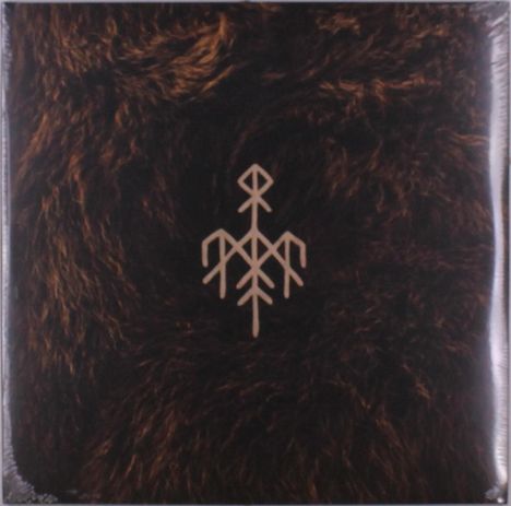 Ein Symbol in Braun- und Schwarztönen ähnelt Runen auf einem fellartigen Hintergrund.