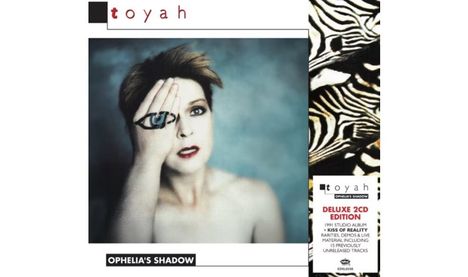 "Toyah: Ophelia's Shadow, Deluxe 2CD Edition. Frau mit gemaltem Auge auf der Hand, Zebra-Muster rechts."