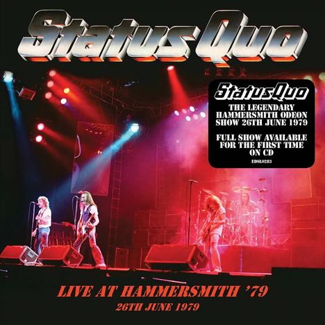"Status Quo" in großem Schriftzug oben, darunter Konzertbühne mit Band in buntem Scheinwerferlicht, Text über Hammersmith '79.