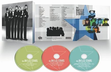 "The Belle Stars" steht mehrfach. Links stehen sieben Frauen in Anzügen. Rechts sind farbige Porträts und drei CDs.