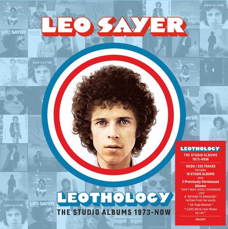 "LEO SAYER", "LEOTHOLOGY", "THE STUDIO ALBUMS 1973-NOW". Porträt eines Mannes mit lockigem Haar, umgeben von Alben-Covern.