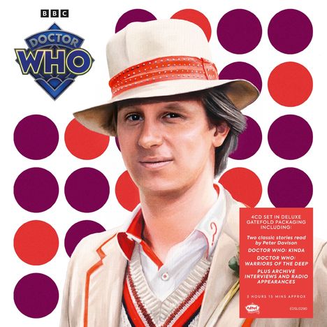 BBC, Doctor Who, 4CD Set. Zwei Geschichten von Peter Davison, Kinda, Warriors of the Deep. Illustration mit Kreisen.