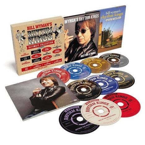 "Bill Wyman's Rhythm Kings Ultimate Collection" umfasst mehrere CD-Hüllen und bunte CDs mit Bildern und Texten auf den Covern.