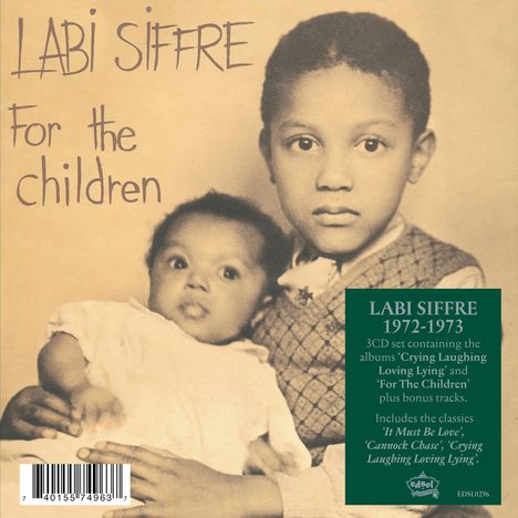 Covertext: „Labi Siffre, For the children“. Ein älterer Junge hält ein Baby. Retro-Stil mit einer Infobox unten.