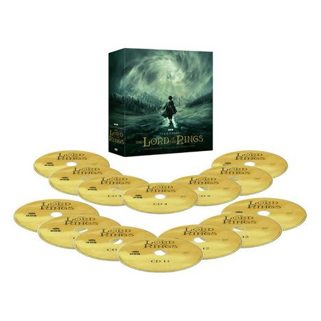 "The Lord of the Rings" oben auf einer Box. Darunter liegen mehrere goldene CDs mit Aufschrift und Nummerierung.