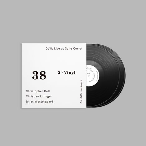 Text: "DLW: Live at Salle Cortot, 38, 2 × Vinyl, Christopher Dell, Christian Lillinger, Jonas Westergaard, bastille musique." Schwarze Vinylplatte halb sichtbar.