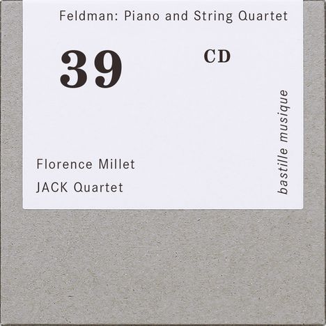 "Feldman: Piano and String Quartet" steht oben. Namen unten: Florence Millet, JACK Quartet. Beige Hintergrund, rechteckige Anordnung.