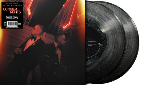 "October Nights" Album von October London, produziert von Snoop Dogg. Zwei Männer in Anzügen vor leuchtenden Neonlichtern.
