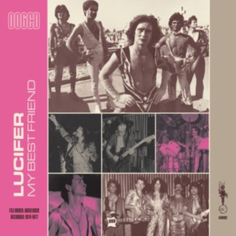 "Lucifer My Best Friend" in rosa Blockschrift. Oben: Band in auffälligen Outfits. Unten: mehrere Bandfotos in einer Collage.