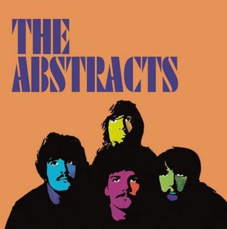 Text: "THE ABSTRACTS" in lila. Illustration: Vier Köpfe mit bunten Gesichtern vor orangefarbenem Hintergrund.