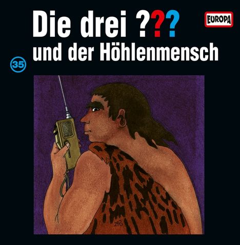 „Die drei ??? und der Höhlenmensch“. Illustration: Mann im Fellgewand spricht in Funkgerät, lila Hintergrund.