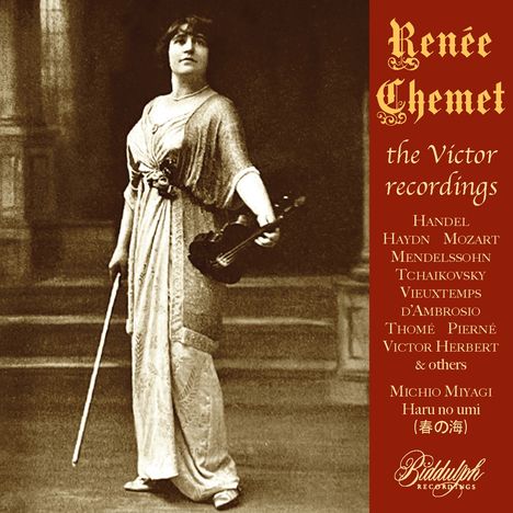 Renée Chemet, the Victor recordings. Liste von Komponisten. Frau mit Geige in elegantem Kleid. Vintage-Design.