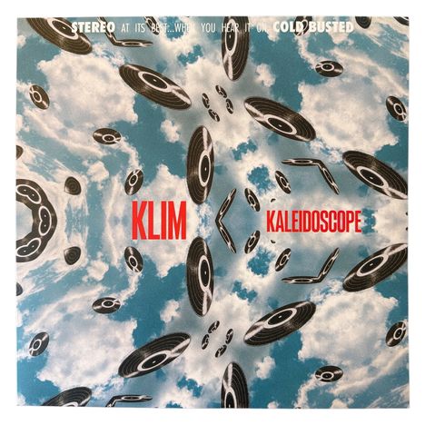 Text: "STEREO AT ITS BEST...WHEN YOU HEAR IT ON COLD BUSTED", "KLIM KALEIDOSCOPE". 

Illustration: Schallplatten und Wolken in kaleidoskopischer Anordnung.