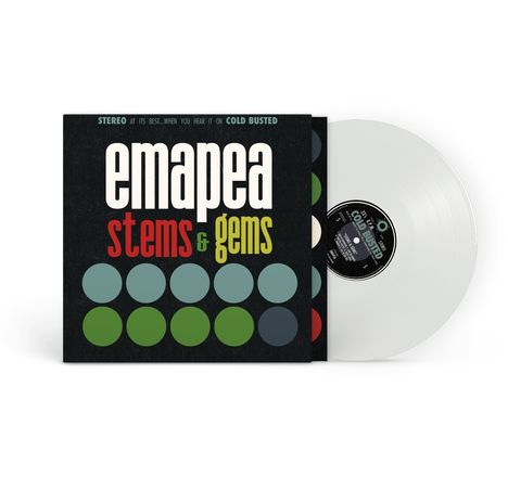 Text: "emapea stems & gems". Weiße Vinylplatte, Cover mit farbigen Kreisen in Blau und Grün.