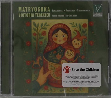 Aufschrift: "MATRYOSHKA", "VICTORIA TEREKIEV", "Piano Music for Children". Kinderillustration mit russischen Puppen.