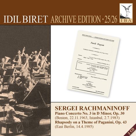 "SERGEI RACHMANINOFF Piano Concerto No. 3 in D Minor, Op. 30; Rhapsody on a Theme of Paganini, Op. 43." Schwarz-weißes Orchesterfoto.