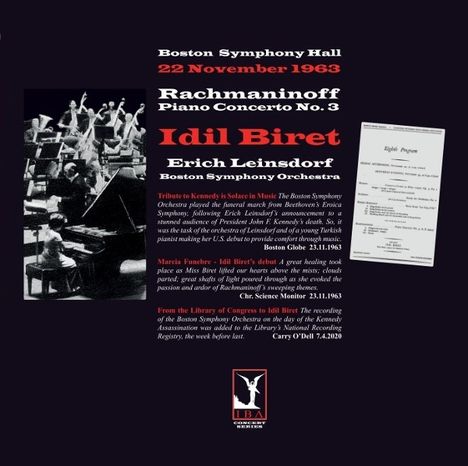Boston Symphony Hall, 22 November 1963; Rachmaninoff Piano Concerto No. 3; Idil Biret; Erich Leinsdorf; Boston Symphony Orchestra.