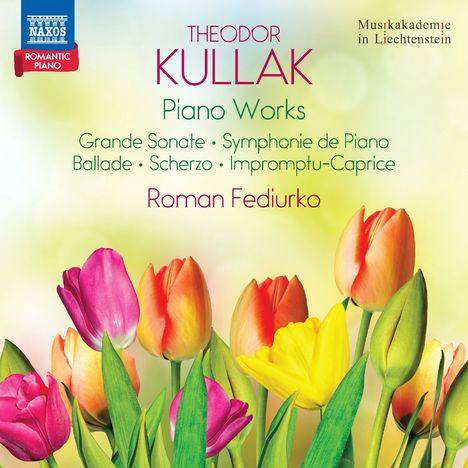 Oben Texte: "THEODOR KULLAK", "Piano Works" und "Roman Fediurko". Darunter bunte Tulpen auf einem hellen Hintergrund.