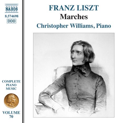 FRANZ LISZT Marches, Christopher Williams, Piano. Illustration eines Mannes in historischer Kleidung, sitzend.