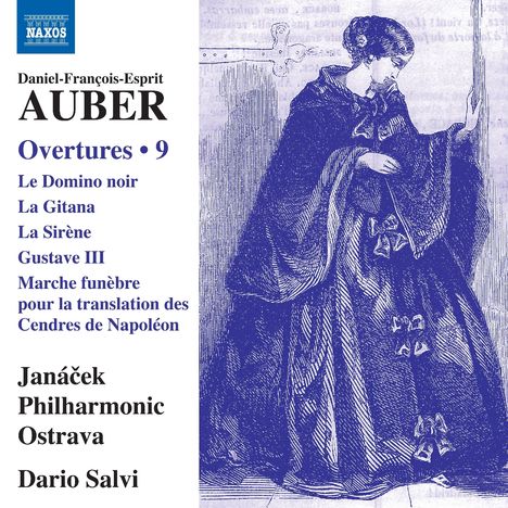"Daniel-François-Esprit Auber, Overtures • 9; Janáček Philharmonic Ostrava, Dario Salvi" neben einer Zeichnung einer Frau.