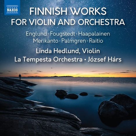 FINNISH WORKS FOR VIOLIN AND ORCHESTRA. Abendhimmel über ruhiger See mit Person am Felsufer.