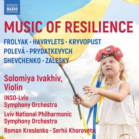 "MUSIC OF RESILIENCE" in rot. Kind in weißem Kleid hält gelbe und blaue Fahnen unter blauem Himmel.