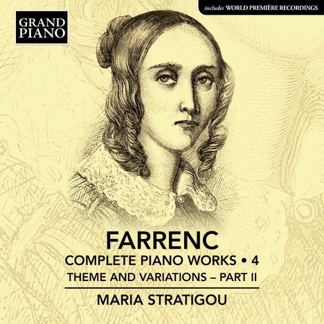 Der Text lautet: "FARRENC COMPLETE PIANO WORKS • 4 THEME AND VARIATIONS – PART II MARIA STRATIGOU". Darstellung einer Frau.