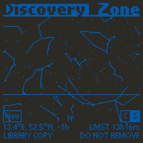 Text: "Discovery Zone", "Now", "13.4°E, 52.5°N, -1h", "LIBRARY COPY", "LMST 13h16m", "DO NOT REMOVE". Stilisiert als Pixelkunst.