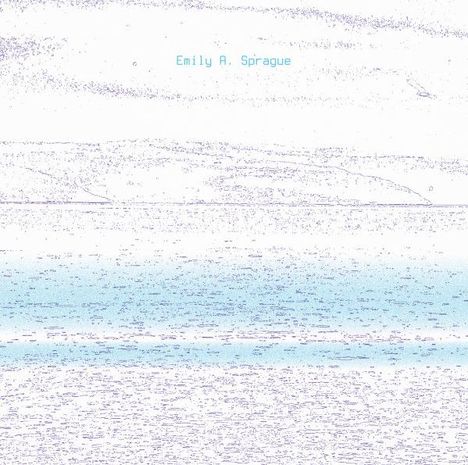 Text: Emily A. Sprague. Eine abstrakte Landschaft in blassen Blau- und Weißtönen, die an Wasser und Himmel erinnert.