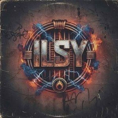 "ILSY" in großen Buchstaben, im Hintergrund blauer Blitz und Flammen. Ein Logo mit metallischem und industriellem Design.