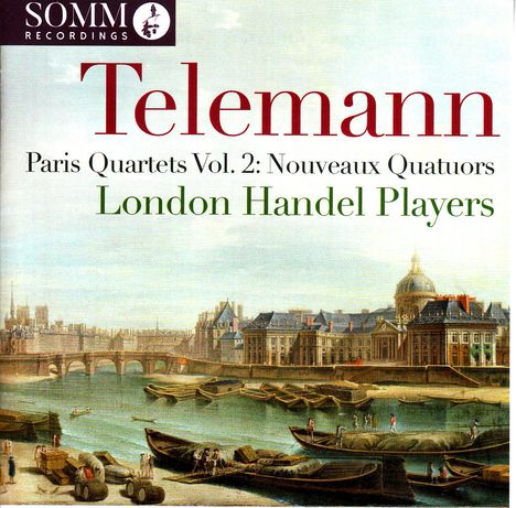 "Telemann. Paris Quartets Vol. 2: Nouveaux Quatuors. London Handel Players." Stadtansicht mit Fluss und Brücke.