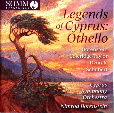 "Legends of Cyprus: Othello" mit Künstlernamen. Illustration: Ein Baum vor einem dramatischen Sonnenuntergang.