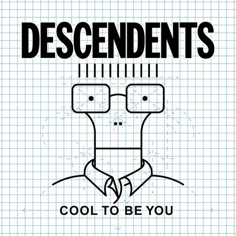 "DESCENDENTS", "COOL TO BE YOU". Eine einfache, zeichnerische Darstellung eines Gesichts mit Brille auf kariertem Hintergrund.