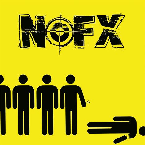 Der Text "NOFX" in abgenutztem Stil. Darunter vier stehende Figuren und eine liegende auf gelbem Hintergrund.