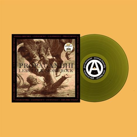 "Propagandhi - Less Talk, More Rock." Albumcover zeigt einen Stier in einer historischen Illustration, Schallplatte in Olivgrün.