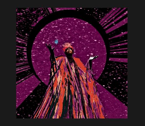Illustration: Person in buntem Gewand erhebt Hände vor lila Hintergrund mit Sternen, umrahmt von schwarzen Strahlen.