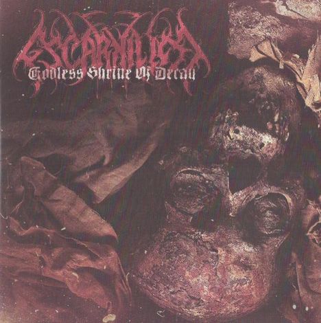 "Ovarium" und "Endless Shrine of Decay" in rot, stilisierter Text. Dunkle, morbide Szene mit verwittertem Totenschädel.