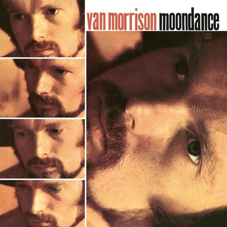 Text: "van morrison moondance". Fünf Nahaufnahmen eines Mannes mit Bart in warmen Tönen.
