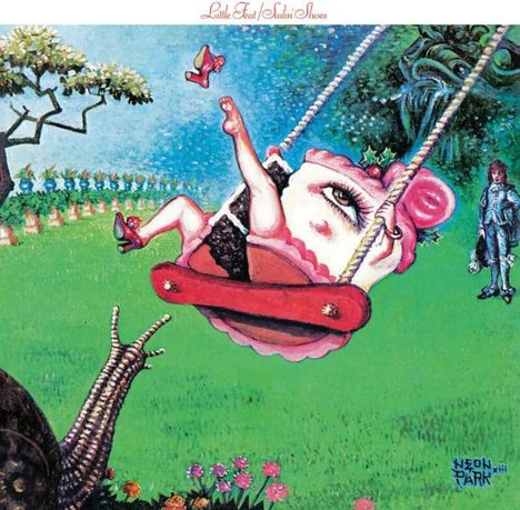 "Little Feat / Sailin' Shoes". Surreale Illustration: Ein Wesen mit großem Auge schaukelt, Schuhe fliegen, große Schnecke im Vordergrund.