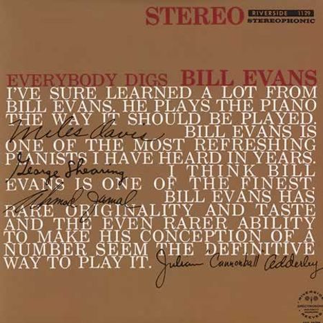 Album-Cover mit rotem Text: „Everybody Digs Bill Evans“. Mehrere Lobzitate von berühmten Persönlichkeiten.