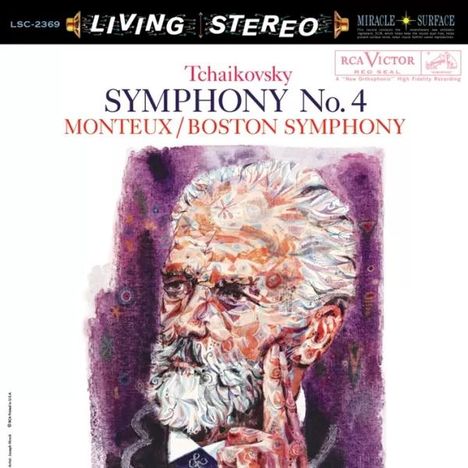 "Tchaikovsky, Symphony No. 4, Monteux/Boston Symphony" steht über einer bunten Illustration eines nachdenklichen Mannes.